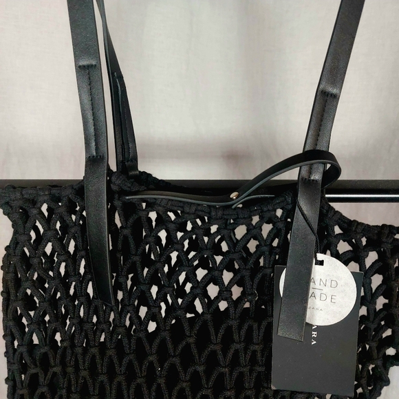 Zara black handmade fishnet shopping bag w zippered canvas pouch, NWT - Picture 5 of 9
